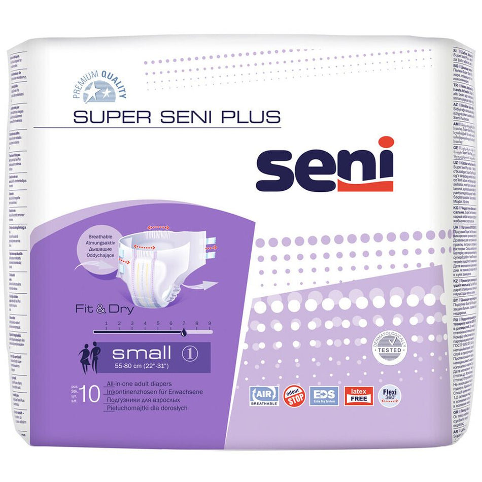Super seni Plus Small Inkontinenzhosen, Unisex, 10er Pack, 55 - 80 cm, 2100 ml