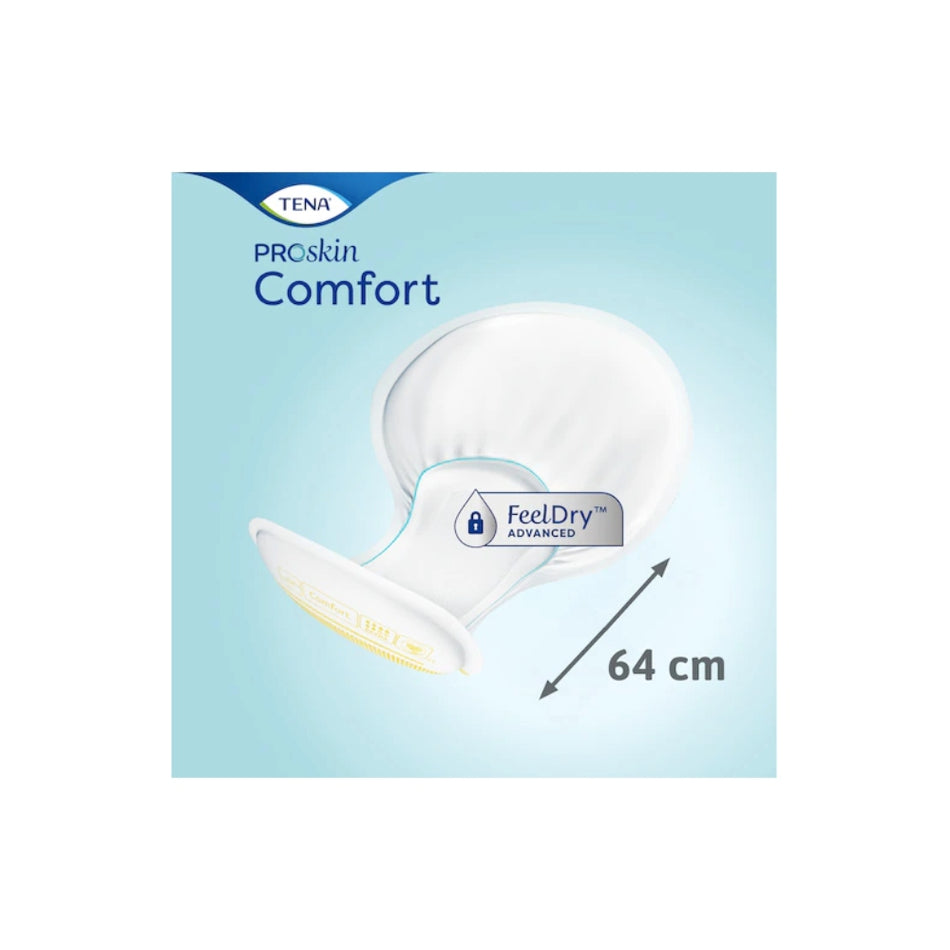 Ein Paket mit TENA Comfort Plus Inkontinenzprodukten. Die Vorderseite zeigt die Produktbezeichnung "TENA Comfort Plus" in großen, gut lesbaren Buchstaben. In der oberen Ecke ist die Größe "L" (large) deutlich abgebildet. Das farblich ansprechende Design umfasst Blau- und Grüntöne, die Professionalität und Vertrauenswürdigkeit vermitteln. Das Produkt ist für die Aufnahme von mittlerer bis schwerer Inkontinenz ausgelegt und stellt Komfort und Sicherheit in den Vordergrund.