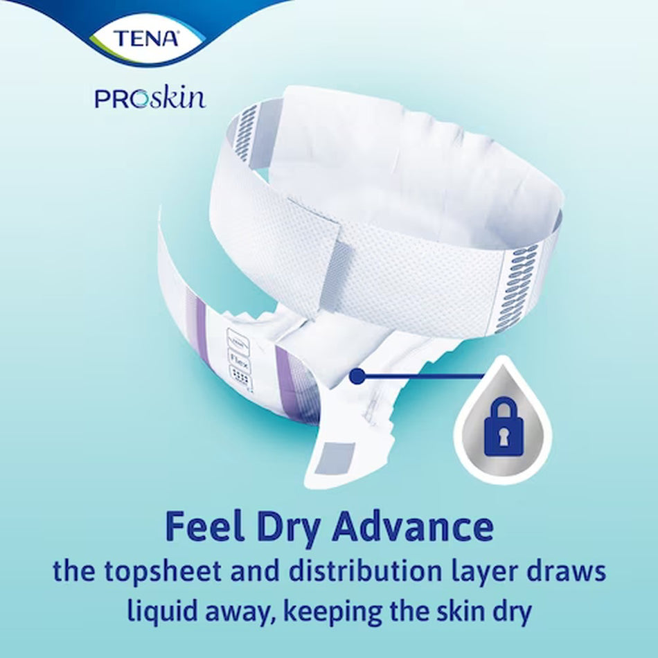 TENA Flex Maxi Feel Dry Advance ist eine anatomisch geformte Inkontinenzunterwäsche, die für maximale Sicherheit und Komfort sorgt. Das Produktbild zeigt eine einzelne, weiße Einlage mit einer weichen, texturierten Oberfläche und flexiblen Seitenflügeln, die eine eng anliegende Passform bieten. Die Saugkraft wird durch ein blaues Feld symbolisiert, welches die Dampfdurchlässigkeit und den Schutz gegen Undichtigkeiten kennzeichnet.