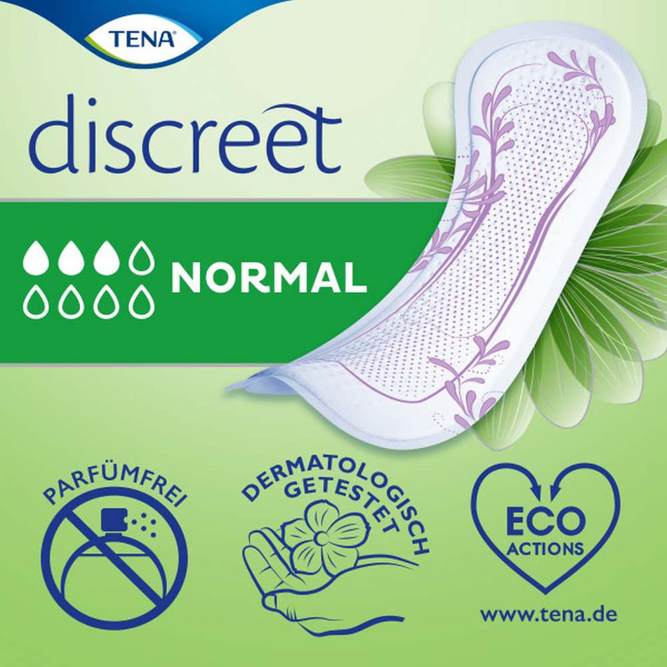 Alt-Text: Produktabbildung von Tena Lady Discreet Normal, einer Packung mit Einlagen für die feminine Hygiene. Die Vorderseite der Verpackung zeigt ein modernes Design mit sanften Farben, das das Produkt ansprechend präsentiert. Auf der Packung sind Informationen zu den Vorteilen der Einlagen abgebildet, wie z. B. der Slogan "Für mehr Sicherheit im Alltag". Die Einlagen sind in der Verpackung nicht sichtbar. Der Hintergrund ist schlicht, um den Fokus auf das Produkt zu legen.