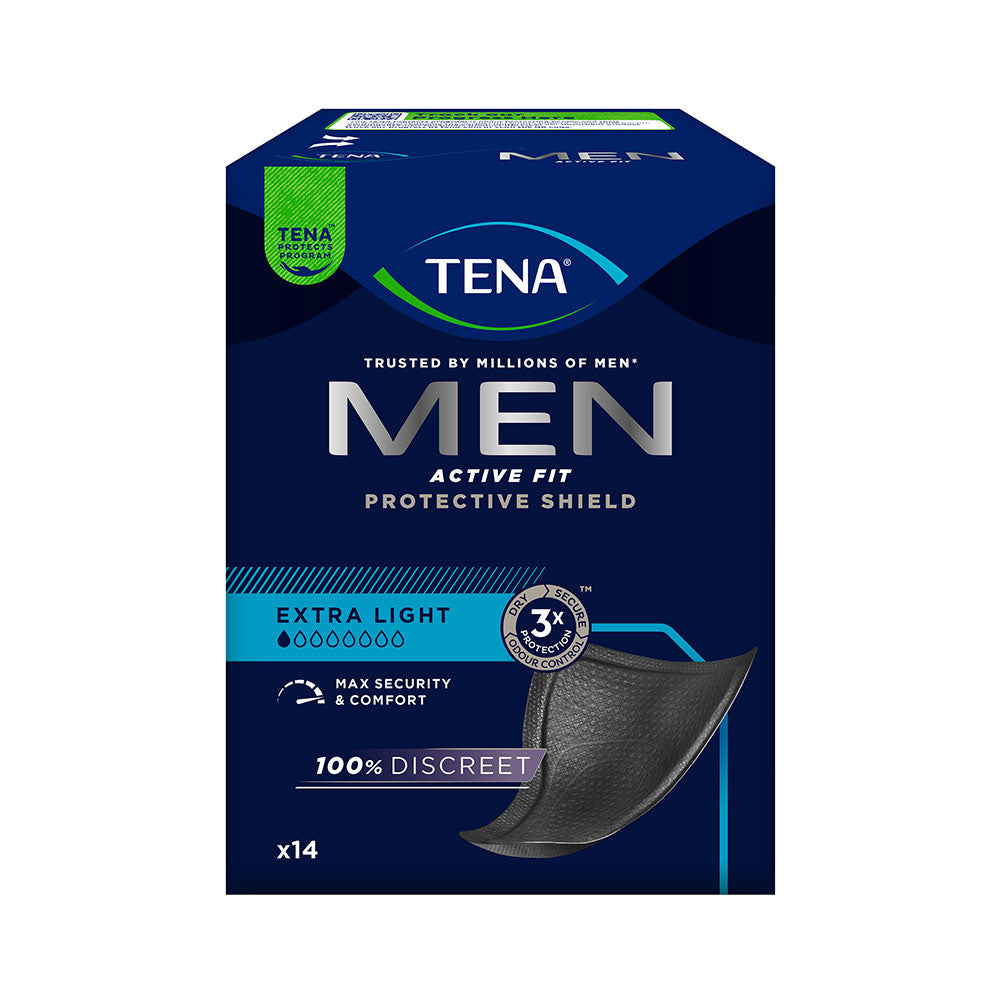 Frontalansicht einer Packung Tena Men Active Fit Level 0 Inkontinenzeinlagen.