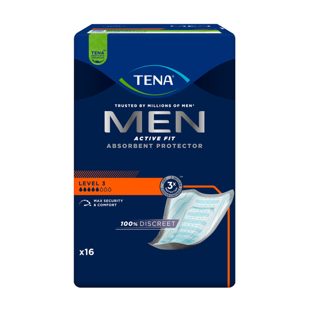 Frontalansicht einer Packung Tena Men Active Fit Level 3 Inkontinenzeinlagen.