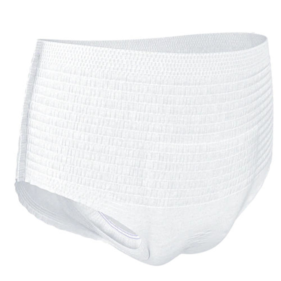 TENA ProSkin Pants Maxi in der Größe L, präsentiert auf einem weißen Hintergrund. Die Unterhose aus weichem, dehnbarem Material ist für die Aufnahme von leichter bis mittlerer Inkontinenz geeignet. Sie zeigt eine anatomische Passform mit breitem Gummibund für hohen Tragekomfort. Die Seiten sind elastisch und ermöglichen eine einfache Anpassung. Die Außenseite ist in einem sanften Weiß gehalten, während die Innenseite mit einer speziellen absorbierenden Schicht ausgestattet ist.