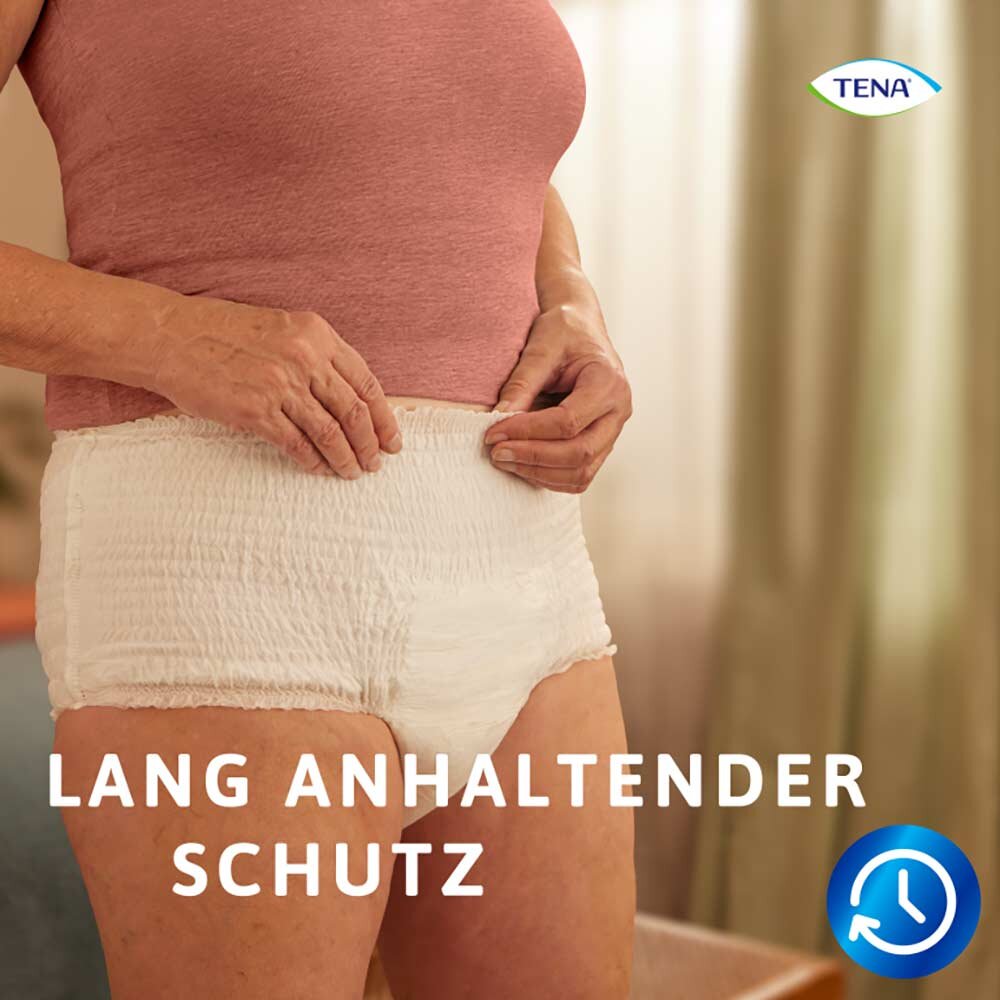 Das Bild zeigt eine Packung von TENA ProSkin Pants Super in der Größe S. Die Verpackung ist vollständig sichtbar und zeigt das Produktdesign in einem sauberen, modernen Look. Auf der Vorderseite sind das Produktlogo, die Bezeichnung "ProSkin Pants Super" sowie die Größenangabe "S" hervorgehoben. Die Farbpalette besteht aus sanften Blau- und Weißtönen, die für Hygiene und Frische stehen.