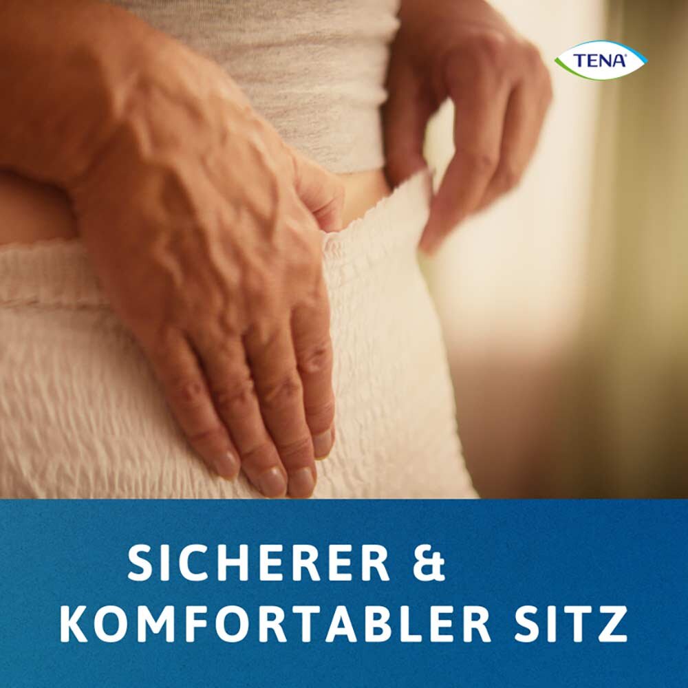 Alt-Text: Das Produktbild zeigt eine Packung mit TENA ProSkin Pants Super in der Größe S. Die Verpackung ist in einem hygienischen Design gehalten, mit einem dominierenden Blau und weißen Farbtönen. Auf der Vorderseite sind die Produktbezeichnung "TENA ProSkin Pants" sowie der Hinweis auf den Super-Schutz deutlich sichtbar. In der oberen rechten Ecke befindet sich eine Kennzeichnung für die Größe S.
