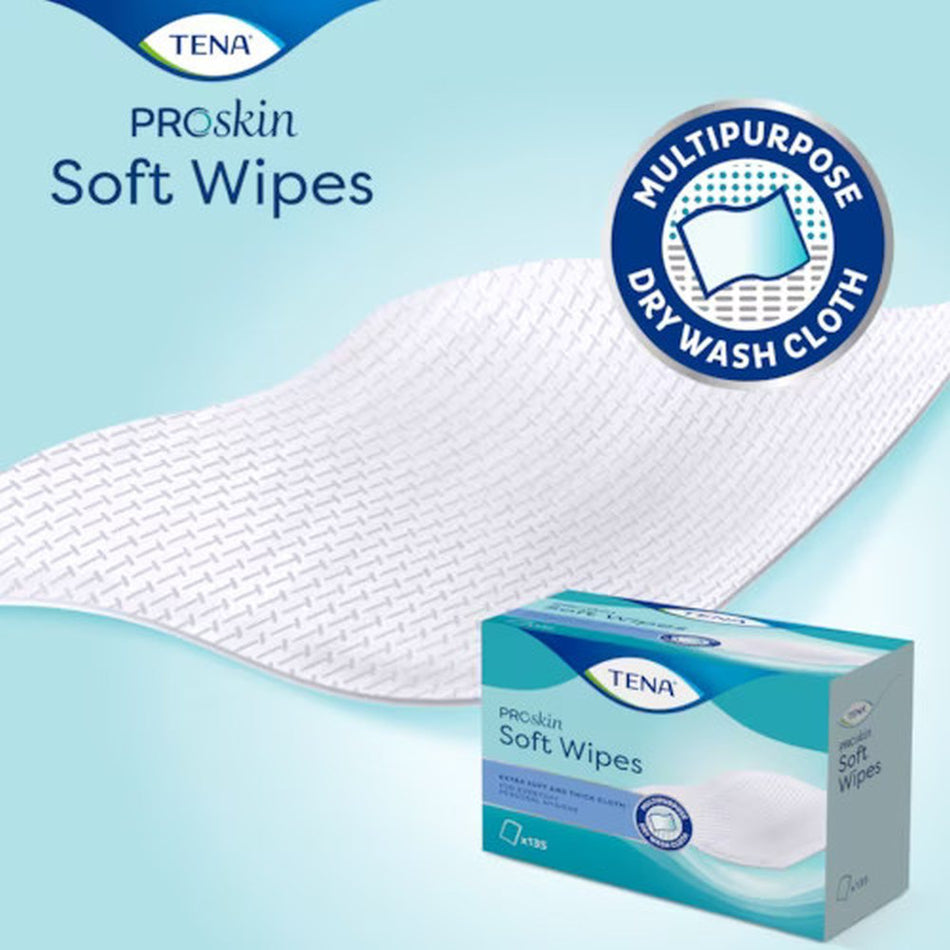 Bild eines Produktpakets von TENA ProSkin Skincare Soft Wipes. Die Verpackung ist hauptsächlich in einem hellen Blau gestaltet und trägt das Produktlogo oben links. In der Mitte befindet sich eine klare Darstellung des Inhalts, ein Stapel weicher, feuchter Tücher, umgeben von sanften, beruhigenden Farben. Unten auf der Verpackung sind die Vorteile der Tücher in einfacher Schrift aufgeführt.