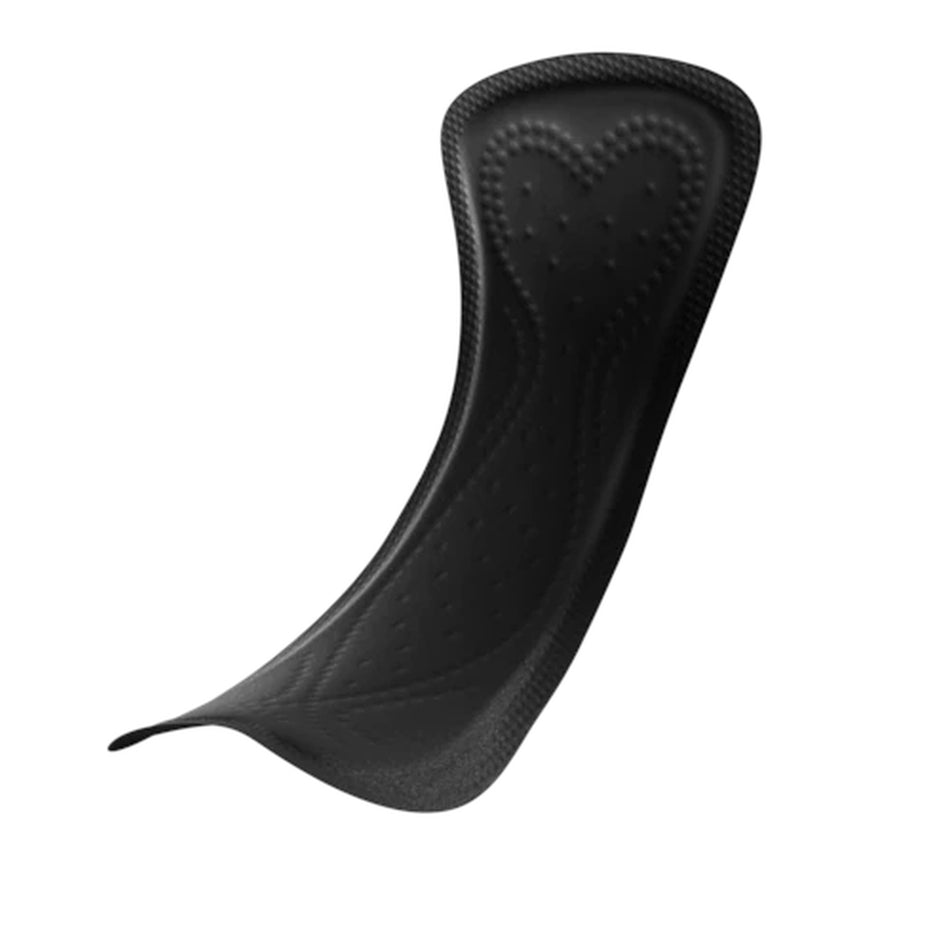 Produktbild eines TENA Silhouette Liners Normal in der Farbe Schwarz. Die Packung zeigt ein elegantes und modernes Design mit einem abgebildeten Logo in der oberen linken Ecke. Die Vorderseite der Verpackung enthält Informationen über die Produktmerkmale, wie z.B. „Normal“ und „Saugstärke“, sowie stilisierte Grafiken von weiblichen Silhouetten, die Komfort und Sicherheit symbolisieren. Der Hintergrund ist hell gehalten, wodurch die Produktdetails gut zur Geltung kommen.