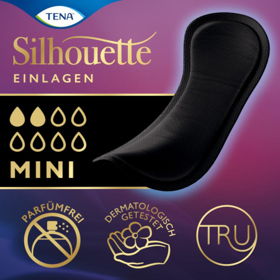 Unterwäsche für Frauen im Mini-Schnitt von TENA Silhouette in Schwarz. Die Produkte sind in einer transparenten Verpackung präsentiert, die eine elegante und diskrete Optik vermittelt. Die Unterwäsche hat eine glatte Oberfläche und ein modernes Design mit einem weichen, elastischen Bund. Sie ist für einen bequemen Sitz konzipiert und bietet zusätzlichen Schutz, ideal für einen aktiven Lebensstil.