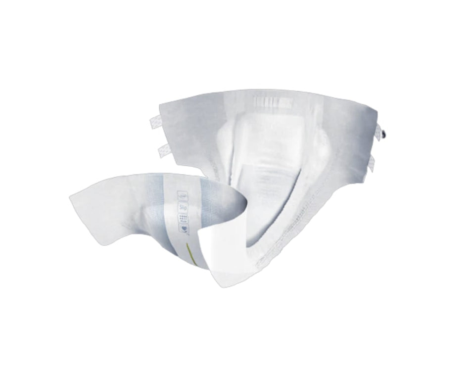 TENA Slip Maxi L ist eine hoch absorbierende Inkontinenzhose in der Größe L. Die Vorderansicht zeigt die Windel in der Farbe Weiß, mit einer flexiblen Passform für optimalen Komfort. Sie ist mit seitlichen elastischen Bündchen für einen sicheren Sitz ausgestattet. Die Oberfläche wirkt weich und bietet hohen Tragekomfort. Angaben zur Größe und Absorbationsstärke sind auf der Verpackung prominent abgedruckt. Ideal für Menschen mit höherem Unterstützungsbedarf, sicheres und diskretes Tragen wird betont.