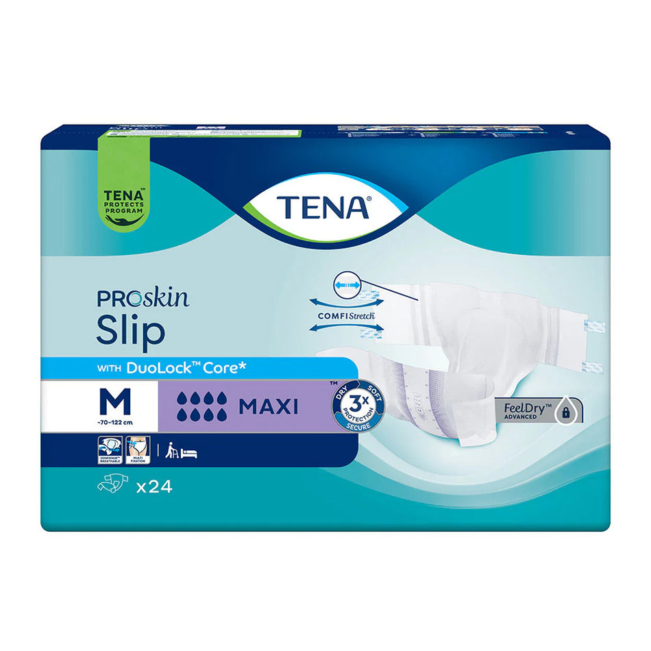 Frontalansicht TENA ProSkin Slip Maxi Größe M, Inkontinenzslip mit Klebeverschlüssen, Packung mit 24 Stück (Taillenumfang 70–122 cm)