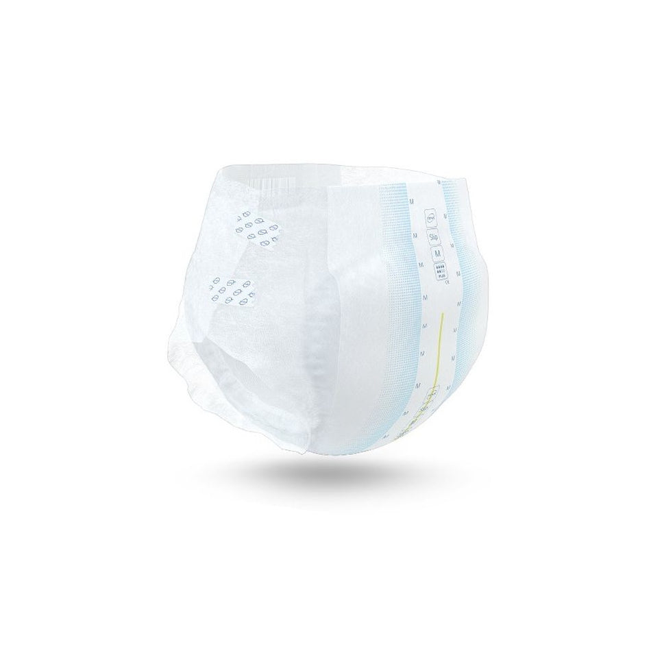 Das Bild zeigt einen Karton mit dem Produkt "TENA Slip Plus", einem Inkontinenzprodukt für Erwachsene. Der Karton ist hellblau mit weißen und grünen Schriftzügen, die Informationen über die Produktmerkmale und -größe vermitteln. Die Vorderseite des Kartons präsentiert ein beschreibendes Bild des Inkontinenzslips, der sicher und diskret ist. Das Design des Produkts ist einfach und funktional, geeignet für die tägliche Nutzung bei leichter bis mittlerer Inkontinenz.