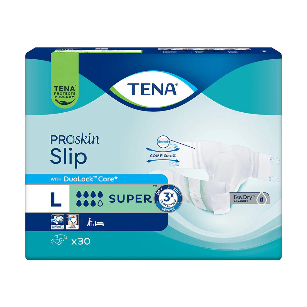 Frontalansicht TENA ProSkin Slip Super Größe L, Inkontinenzslip mit Klebeverschlüssen, Packung mit 30 Stück (Taillenumfang 92–144 cm)