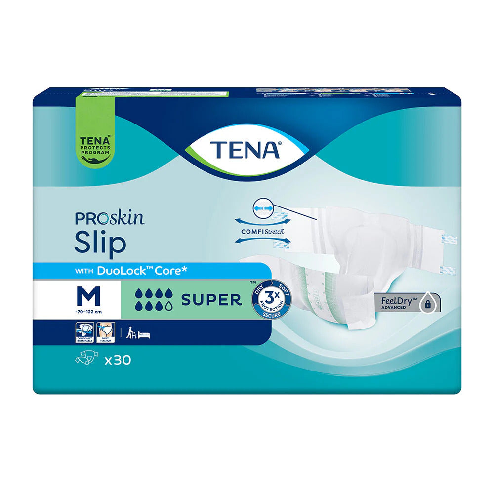 Frontalansicht TENA ProSkin Slip Super Größe M, Inkontinenzslip mit Klebeverschlüssen, Packung mit 30 Stück (Taillenumfang 70–122 cm)