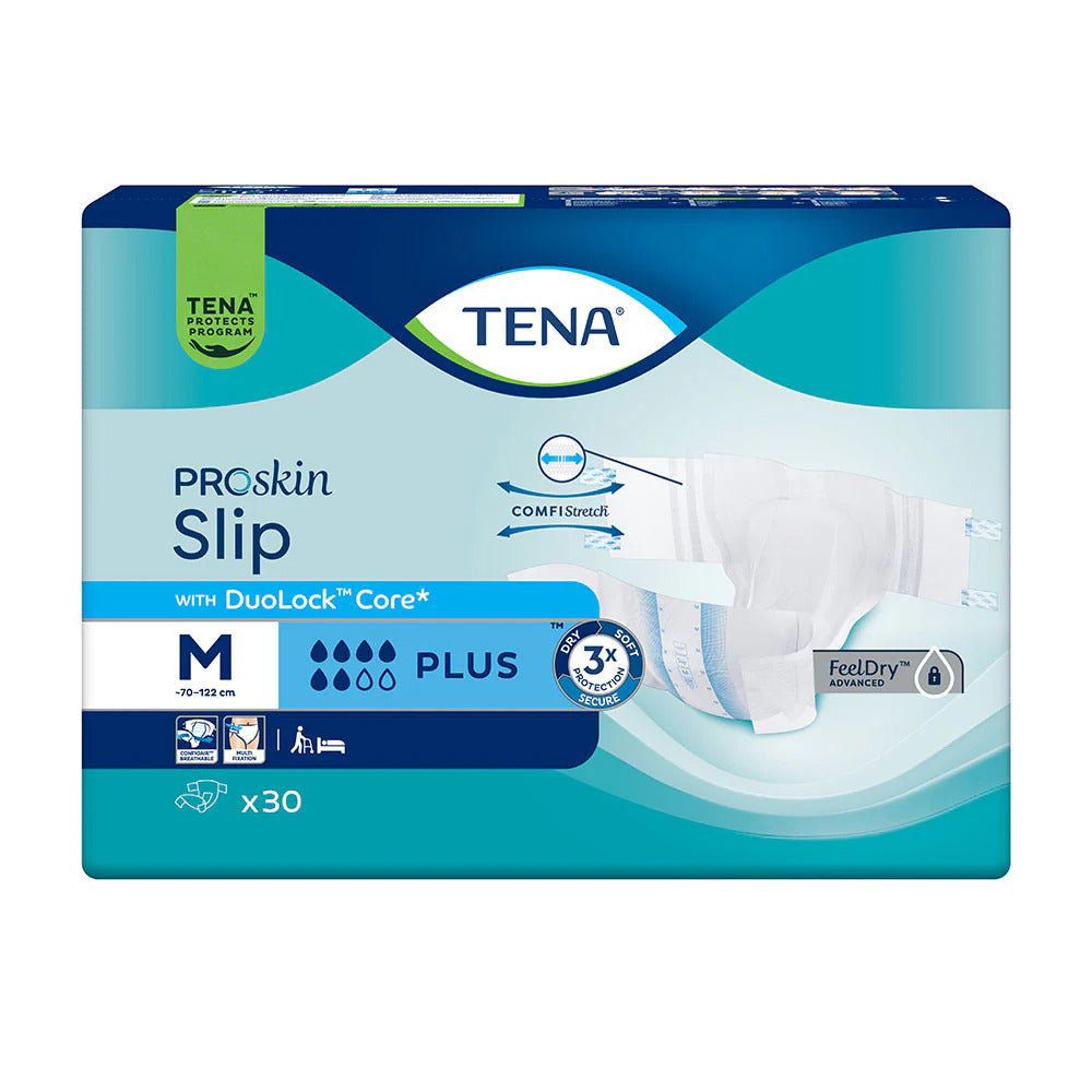 TENA ProSkin Slip Plus Größe M, Inkontinenzslip mit Klebeverschlüssen, Packung mit 30 Stück (Taillenumfang 70–122 cm)