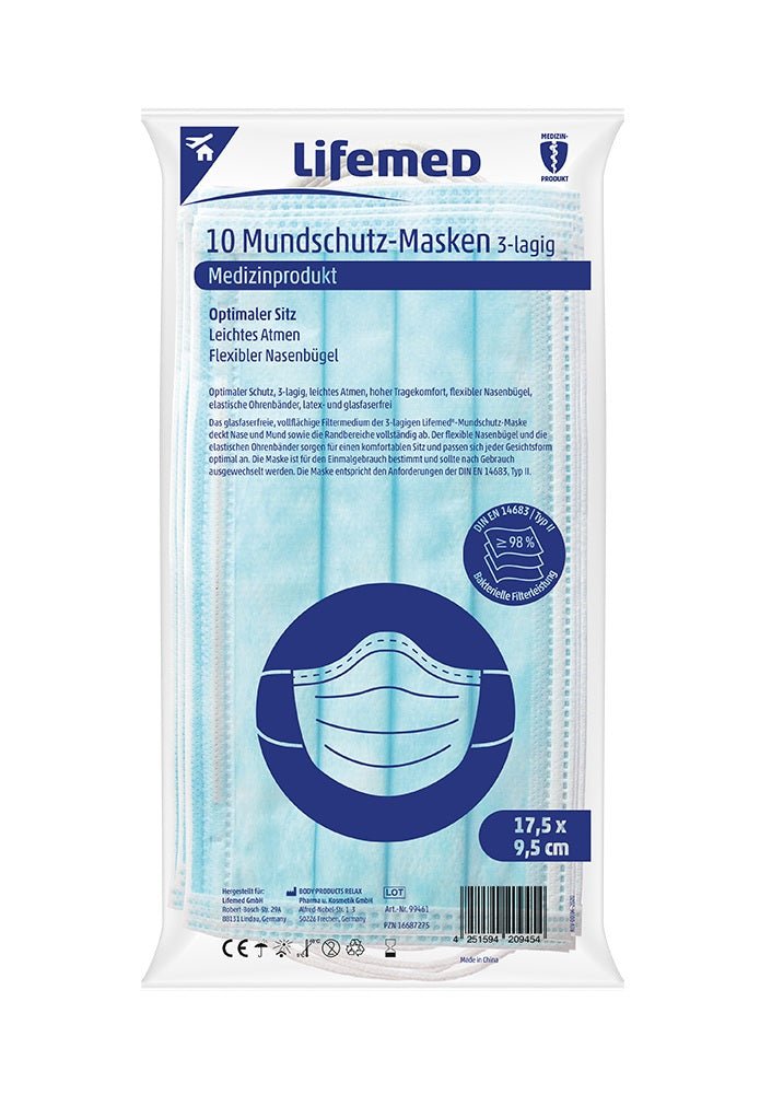 Lifemed Mundschutz 3-lagiges Vlies 9,5 cm x 17,5 cm blau mit Nasenbügel Typ II
