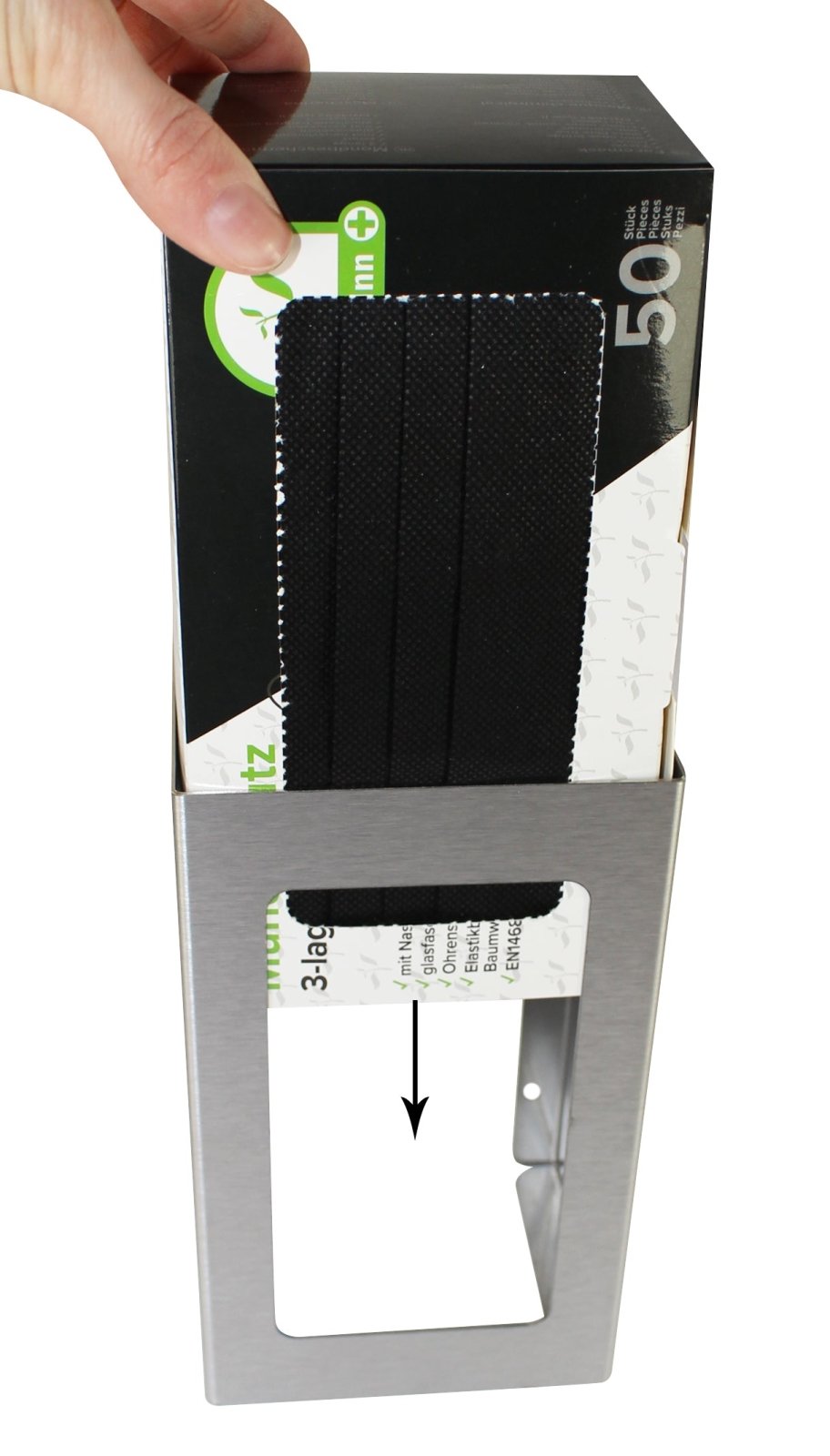 Medi-Inn Edelstahlspender für Mundschutz 8,5 cm x 19 cm x 11 cm silber für eine Packung