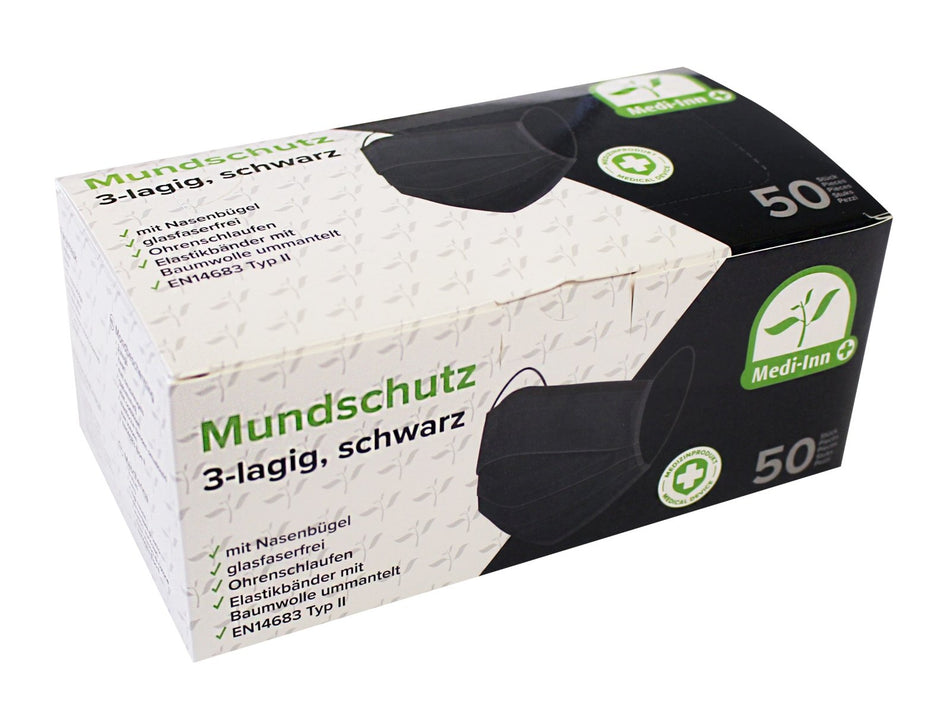 Medi-Inn Mundschutz Atemschutz mit Elastikbändern und Nasenbügel Typ II 3-lagig schwarz