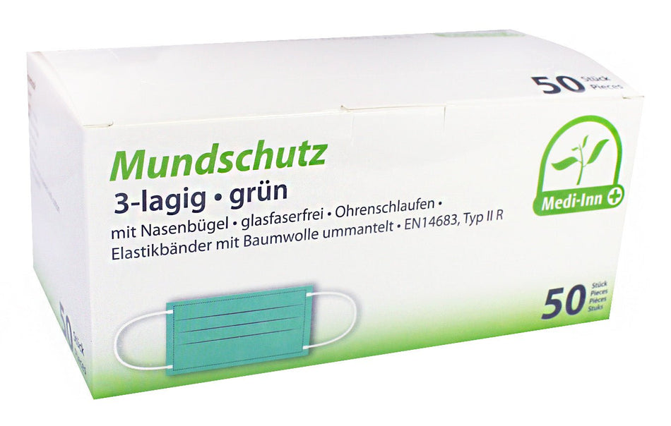 Medi-Inn Mundschutz Atemschutz mit Nasenbügel und Elastikbändern Typ IIR 3-lagig grün
