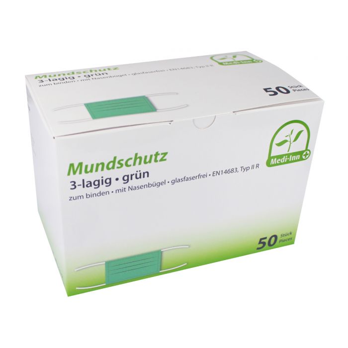 Medi-Inn Mundschutz Typ IIR 3-lagig 9 cm x 17,5 cm grün mit Nasenbügel zum Binden