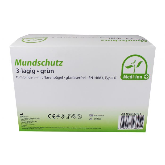 Medi-Inn Mundschutz Typ IIR 3-lagig 9 cm x 17,5 cm grün mit Nasenbügel zum Binden