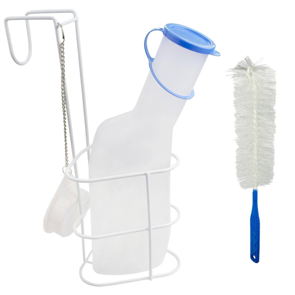 Medi-Inn Urinflasche PP 1000 ml, für Männer, milchig mit Betthalter und Reinigungsbürste