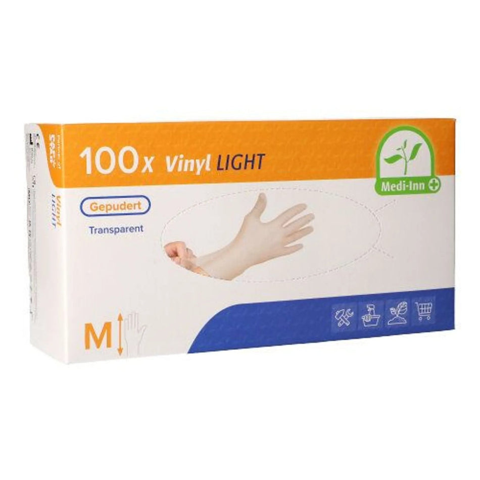 Transparentes, gepudertes Einmalhandschuh-Set der Marke Medi Inn. Die Handschuhe sind aus Vinyl gefertigt und bieten eine bequeme Passform für verschiedene Anwendungen. Auf dem Bild sind die Handschuhe in einer einzeln verpackten Übersicht dargestellt, mit einem klaren Fokus auf die Textur und die Elastizität des Materials. Die Verpackung zeigt den Produktnamen und Details zu Größe und Eigenschaften. Ideal für den Gebrauch in medizinischen, häuslichen oder industriellen Umgebungen.